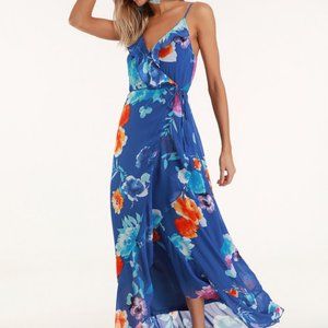 Lulu's Ladean Royal Blue Floral Print Ruffled Wrap Maxi Dress